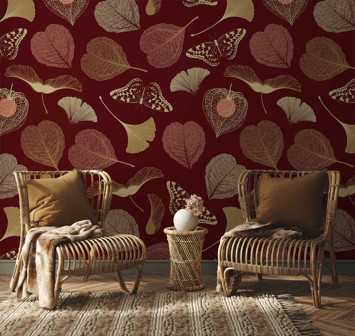 Elegant burgundy botanical wallpaper in stylish living room with wicker chairs, brown cushions, textured rug.