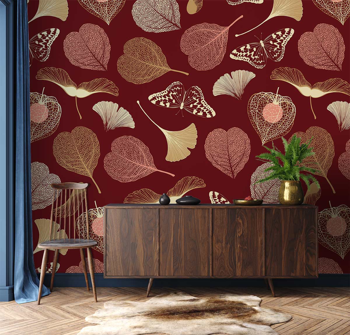 Elegant burgundy botanical wallpaper, stylish interior with wooden sideboard, chair, parquet flooring, and decor.