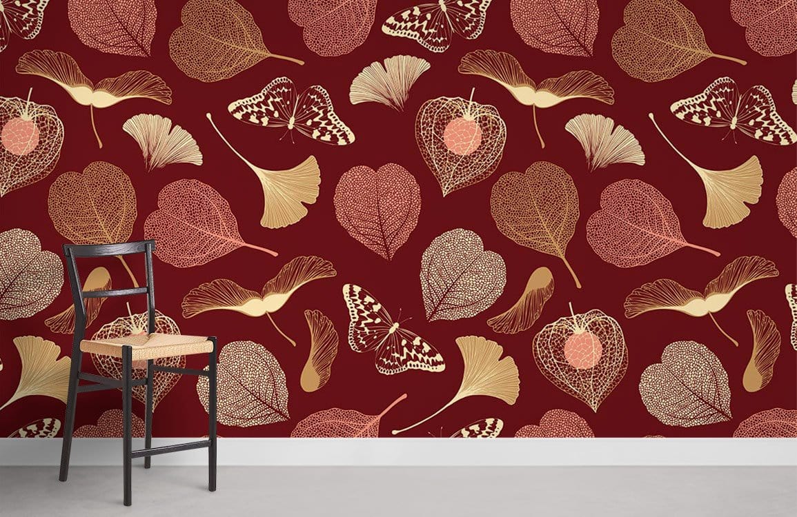 Elegant burgundy wallpaper with botanical leaves, butterflies; black chair; stylish interior decor.