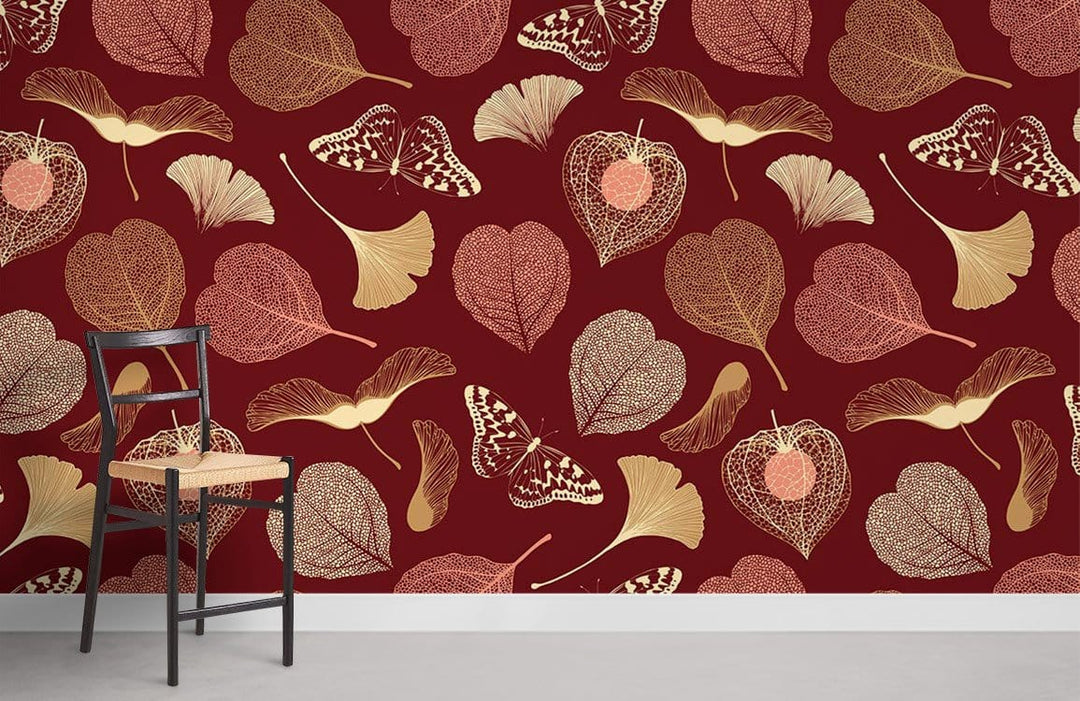 Elegant burgundy wallpaper with botanical leaves, butterflies; black chair; stylish interior decor.