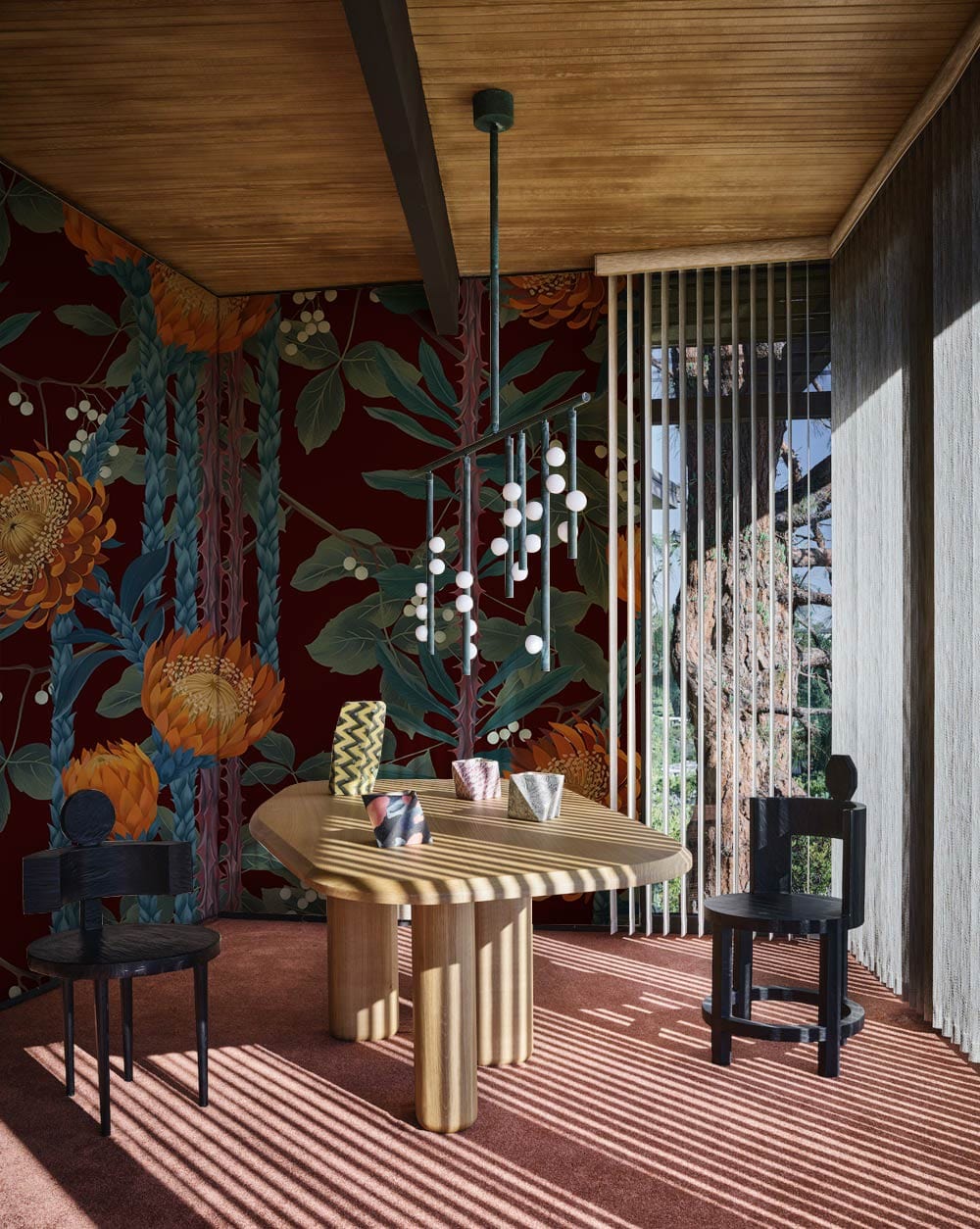 Luxurious botanical wallpaper with maroon and orange blooms, modern dining room, wooden ceiling, glass walls.