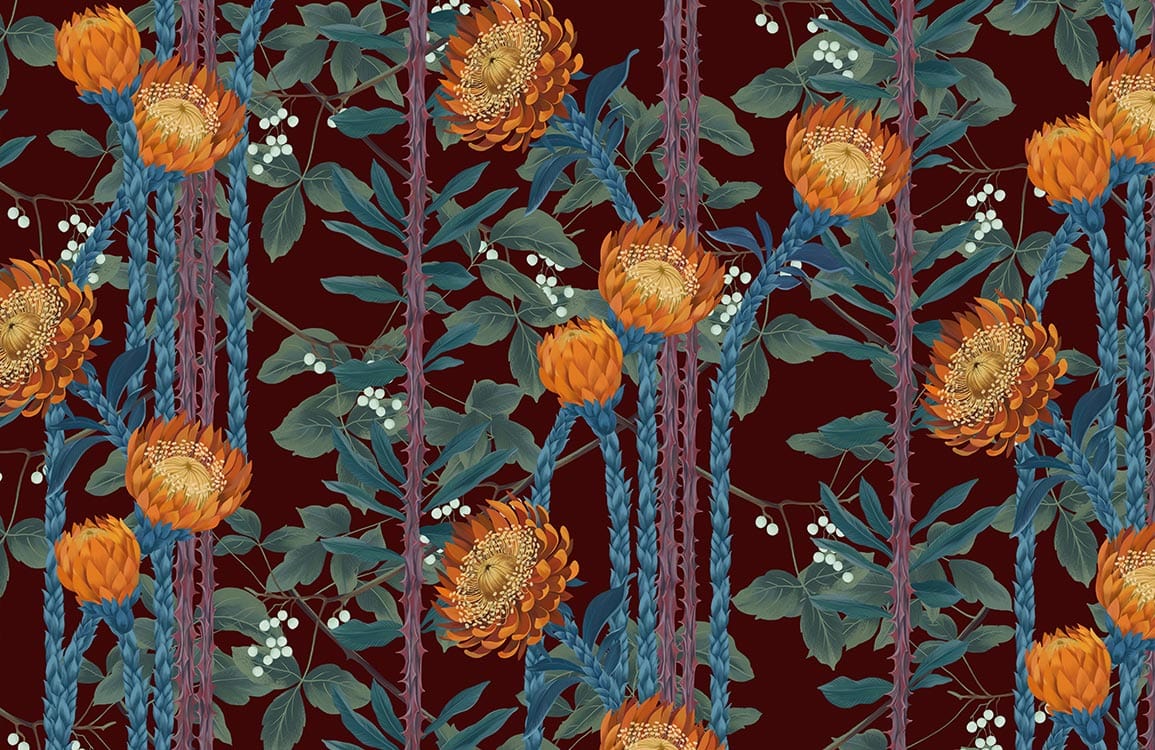 Luxurious Botanical Floral Wallpaper with Rich Maroon and Orange Blooms Pattern