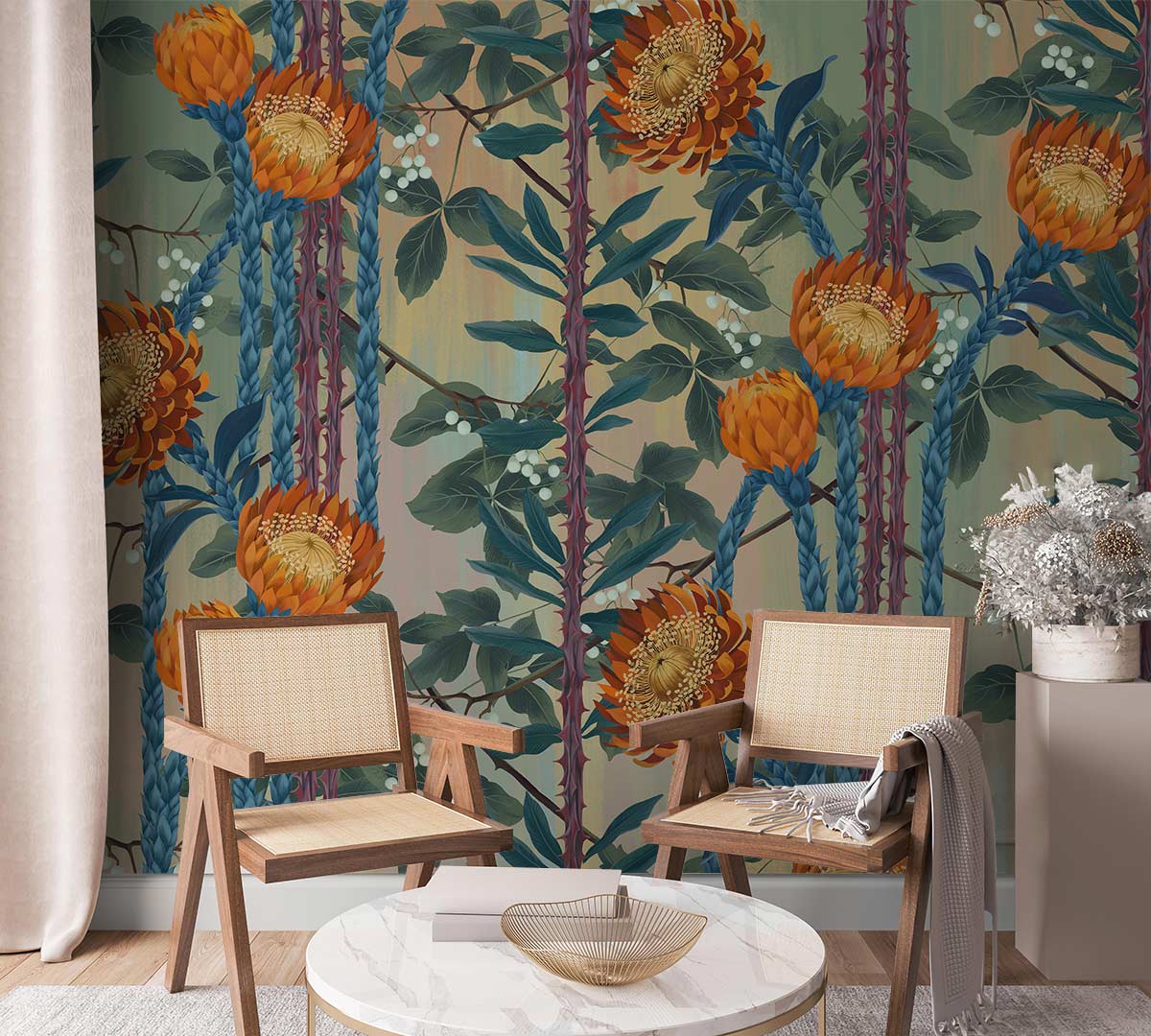 Vintage Botanical Bliss wallpaper showcasing orange floral patterns, chairs, and marble coffee table in lounge setting.