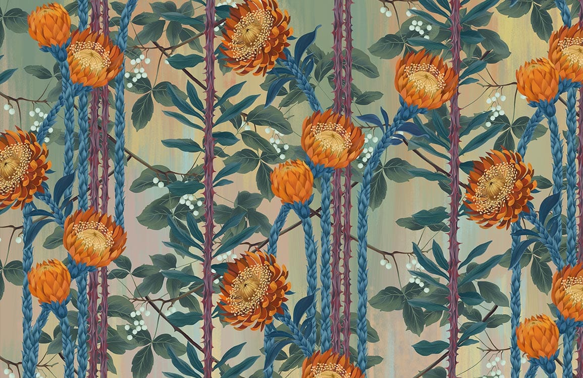 Vintage Botanical Bliss Orange Flowers Mural Wallpaper - Elegant Floral Patterns