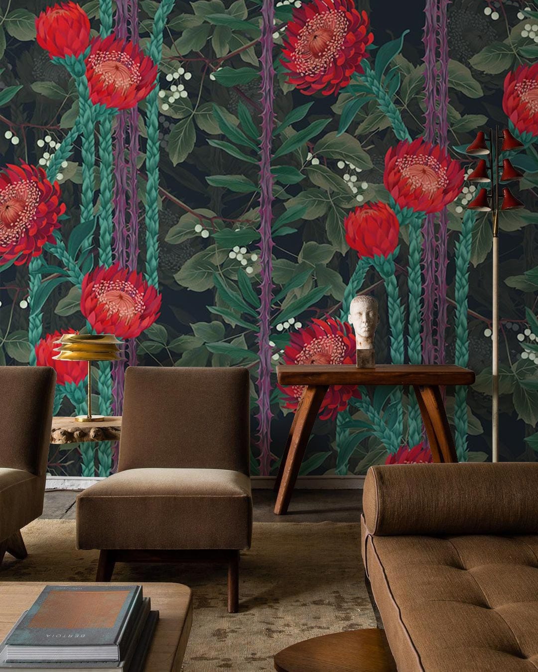 Vintage Botanical Floral Dark Green and Red Wallpaper in elegant living room with brown furniture.