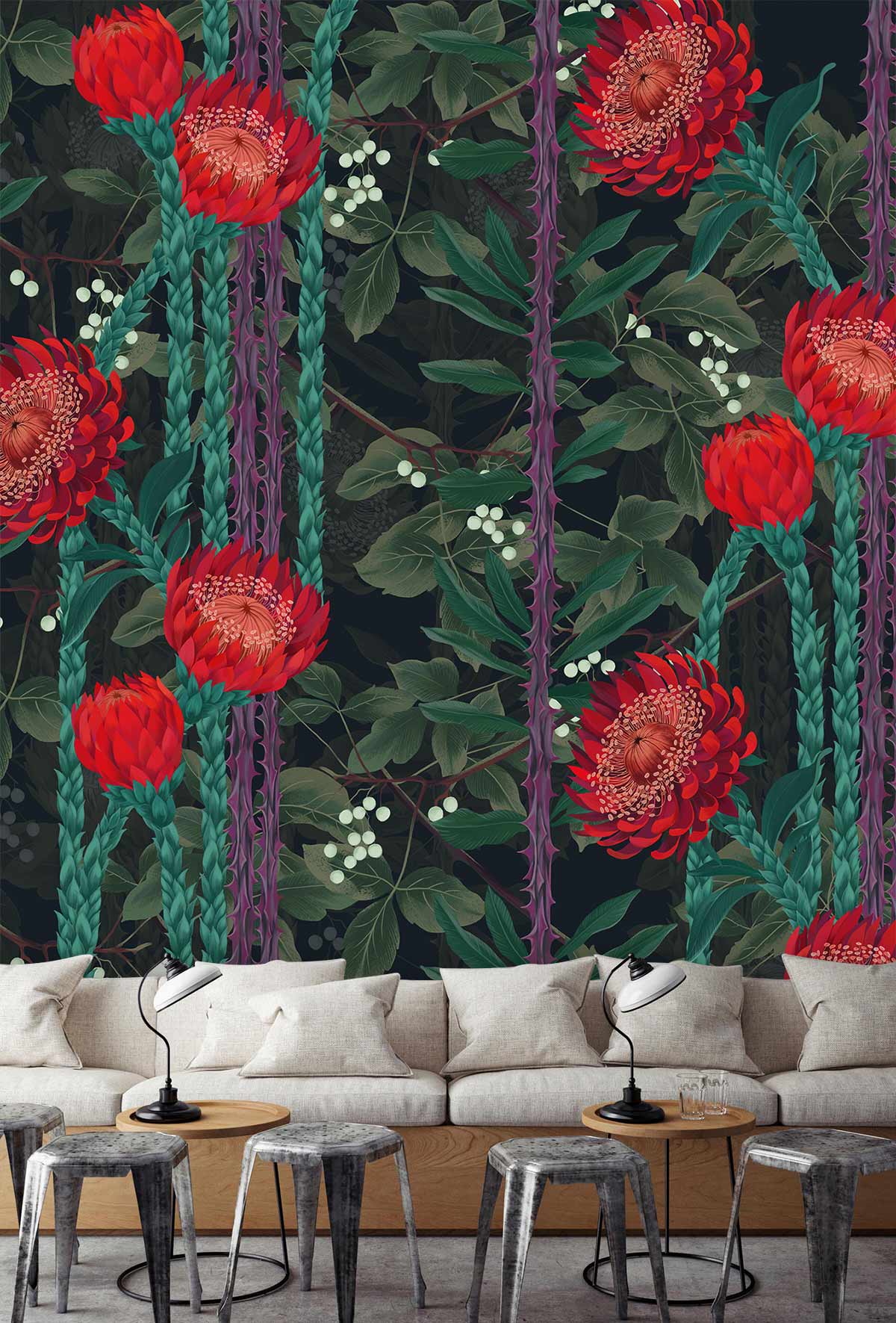 Elegant interiors featuring vintage botanical wallpaper with red flowers, neutral sofa, and wooden flooring.