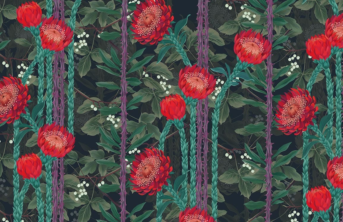 Vintage Botanical Floral Dark Green and Red Wallpaper for Elegant Interiors