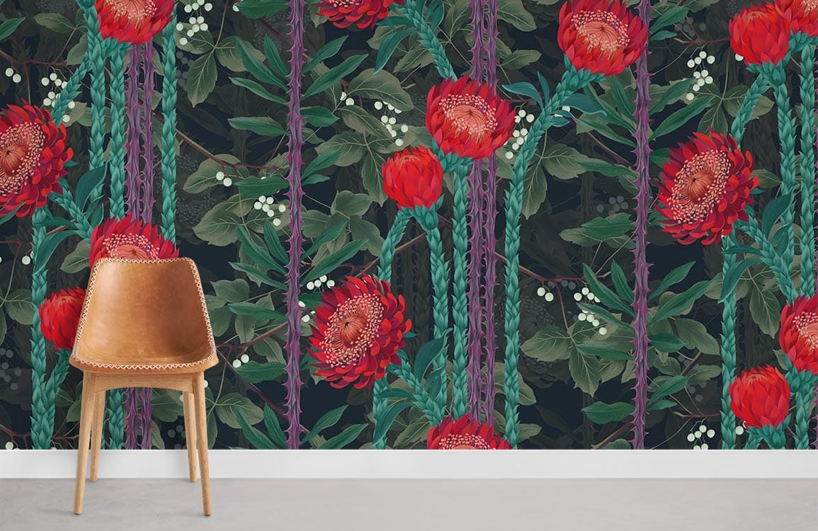 Vintage botanical floral dark green, red wallpaper; elegant interiors, brown leather chair, grey flooring.
