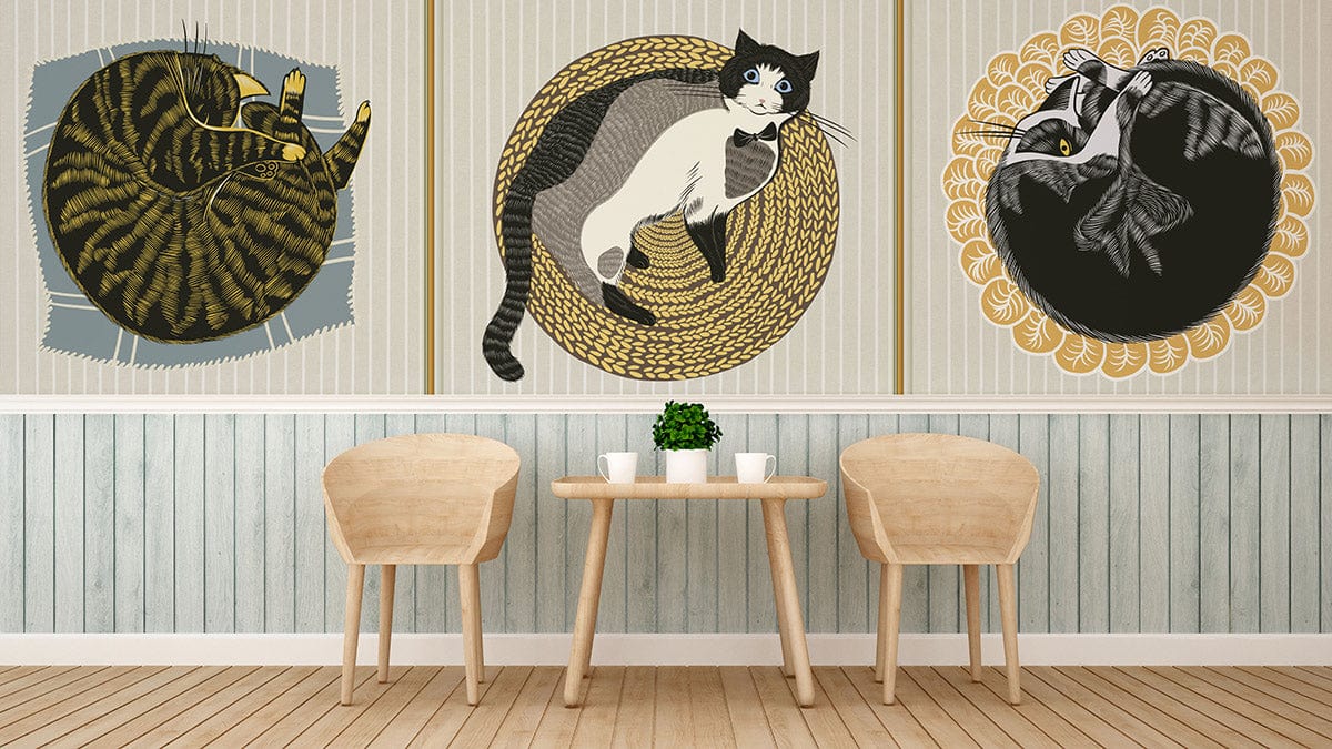 Cosy Cats Trio mural wallpaper in vintage style with wood furniture, striped wall, warm neutrals.