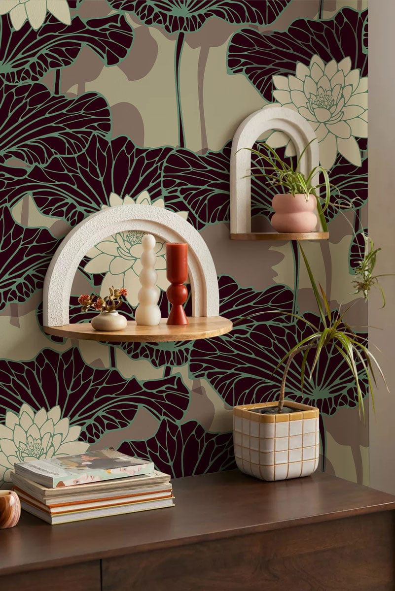 Vintage Lotus Blossom Wallpaper in Black and Cream, Decorative Shelves, Wooden Cabinet, Modern Style.