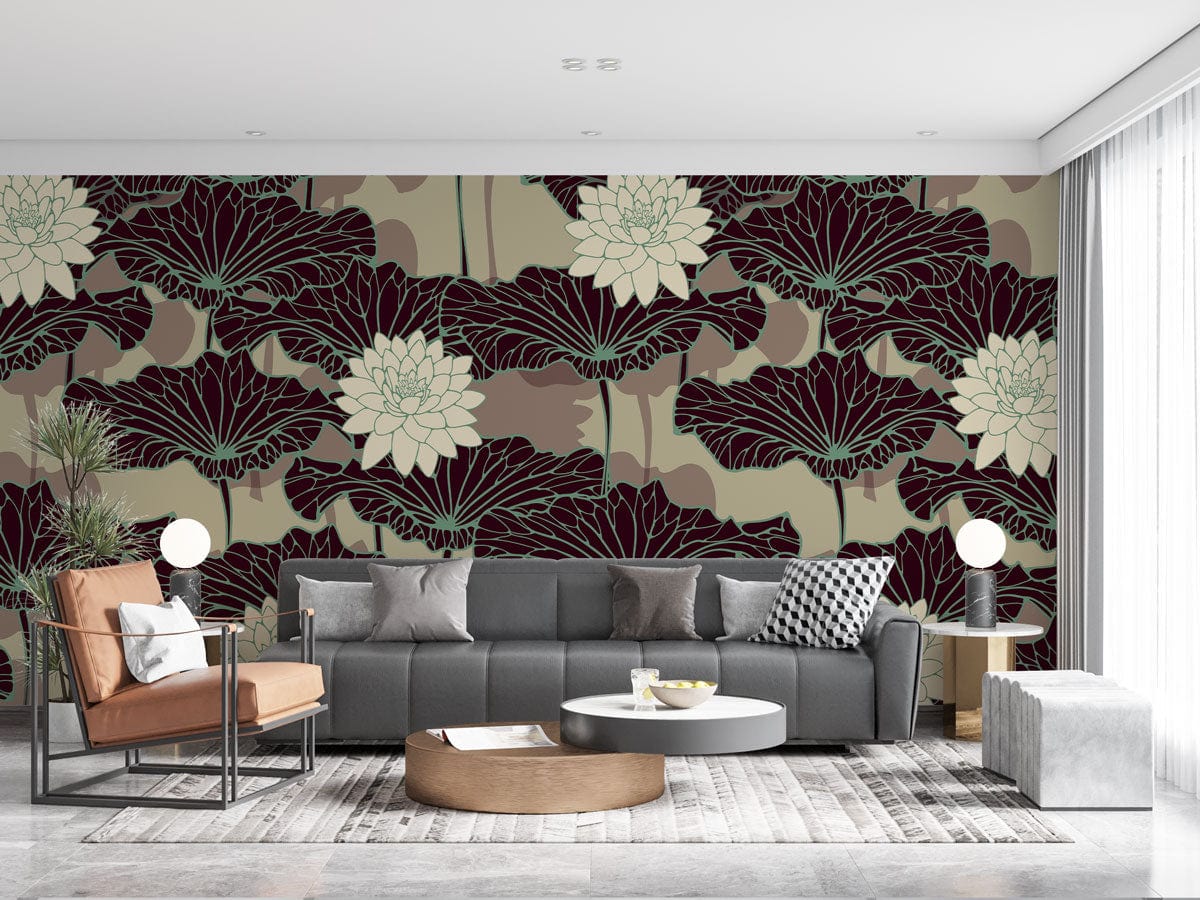 Vintage Lotus Blossom patterned wallpaper, elegant black and cream tones, complementing modern grey sofa.
