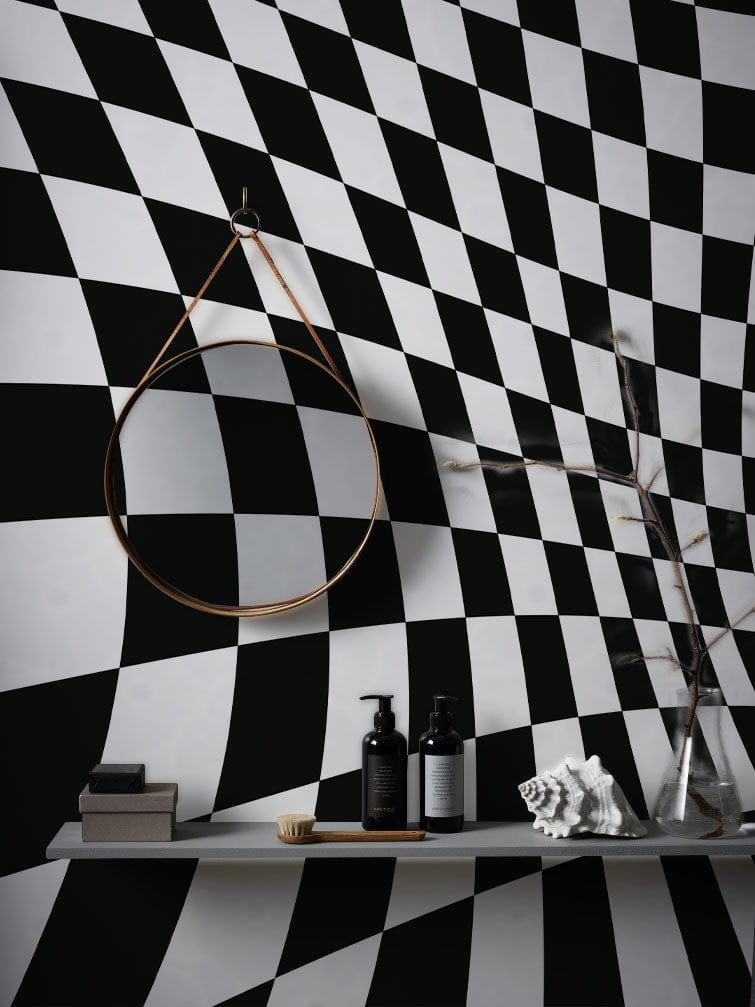 Monochrome retro optical illusion checkered wallpaper with shelf, mirror, modern decor in stylish interior.