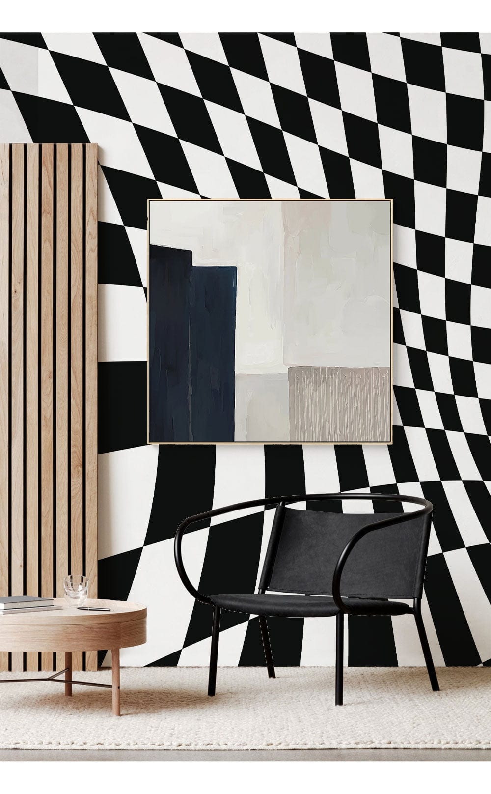 Monochrome retro checkered wallpaper, black chair, wooden panel, abstract painting in modern living space.