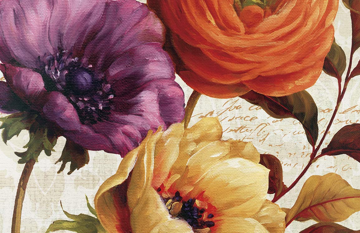 Vintage Floral Elegance Mural Wallpaper - Purple, Orange, and Yellow Blooms