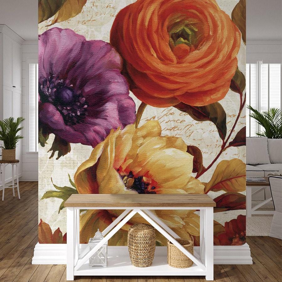 Vintage floral mural wallpaper with purple, orange, yellow blooms; white walls; hardwood flooring; cosy living room.