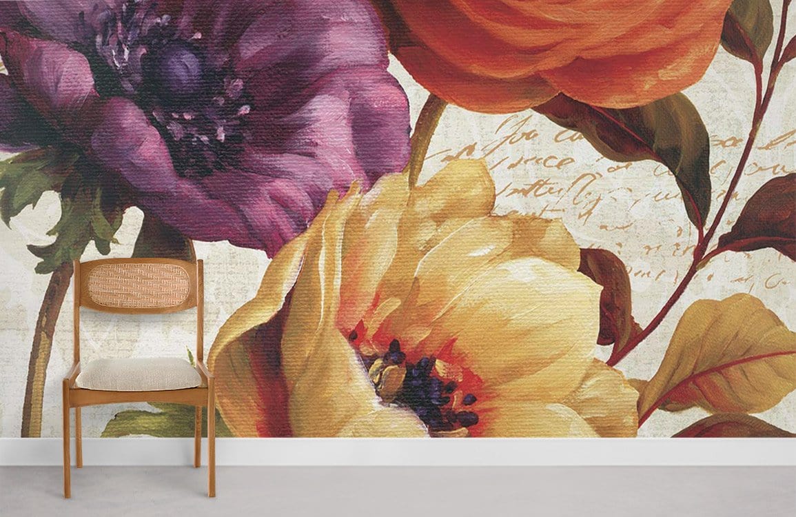 Vintage floral mural wallpaper featuring purple, orange, yellow blooms with wooden chair, white wall, minimal setting.
