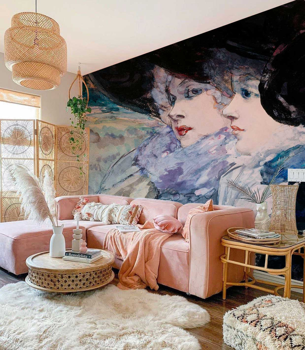 Elegant watercolour mural wallpaper with vintage ladies, pink sofa, wicker furniture, and wooden flooring.