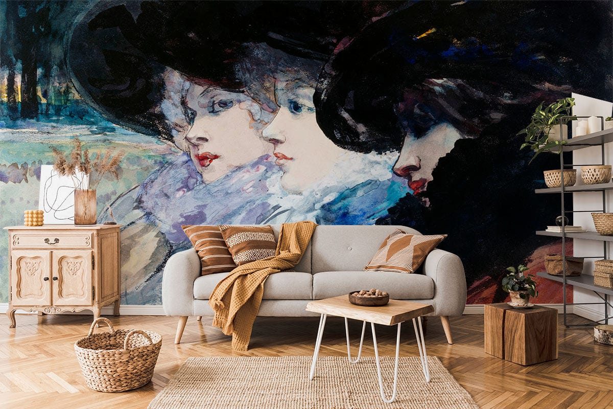 Elegant watercolour mural wallpaper with vintage ladies, neutral sofa, wooden flooring, and rustic cabinet.