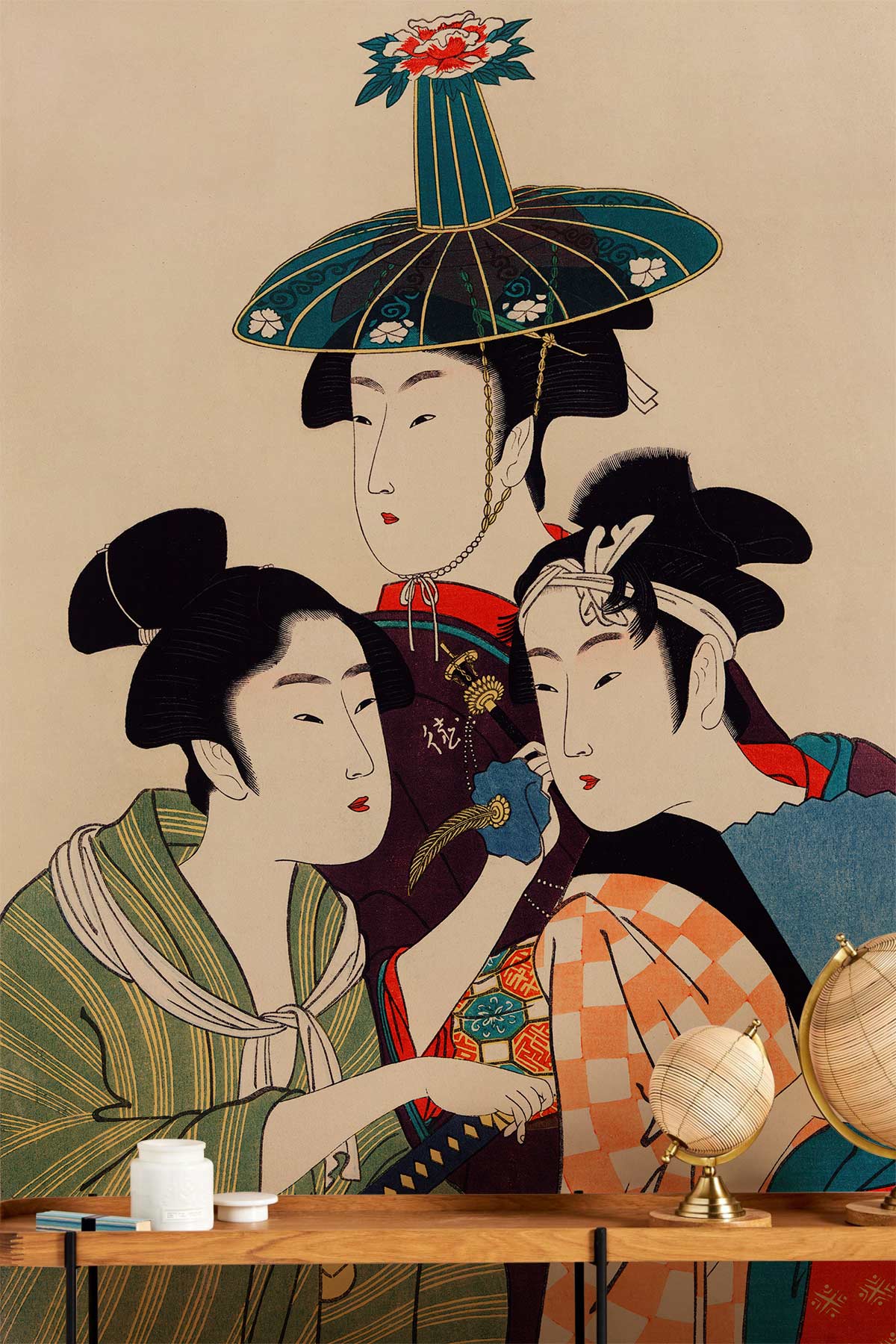 Elegant Japanese Ukiyo-e mural wallpaper with table, globes, and soft colours in a living room.