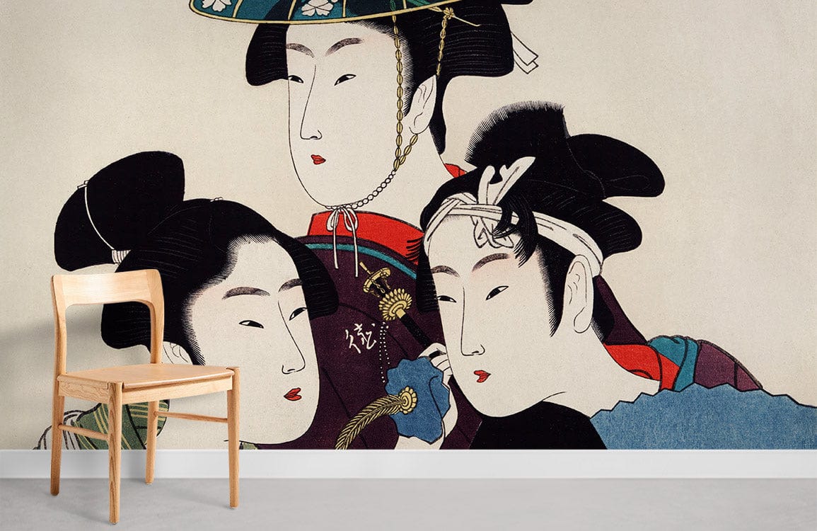 Elegant Japanese Ukiyo-e mural wallpaper with chair, soft colours, modern room Décor, light wall.
