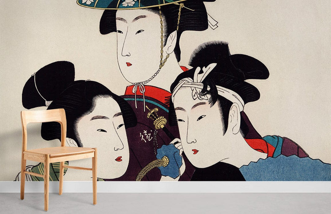 Elegant Japanese Ukiyo-e mural wallpaper with chair, soft colours, modern room Décor, light wall.