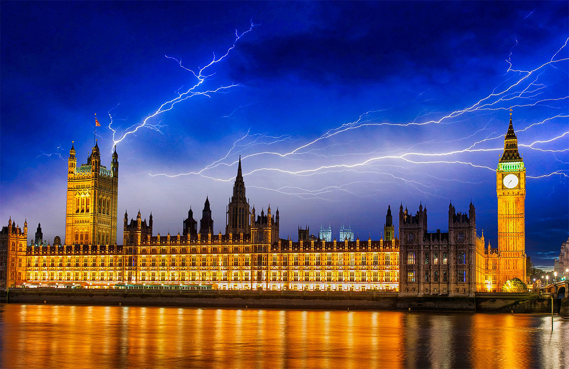 Majestic Nighttime London Skyline Mural Wallpaper with Striking Lightning Scene
