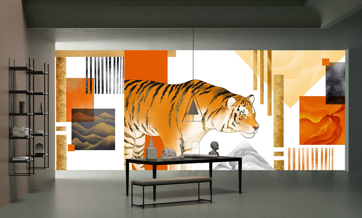 Contemporary Tiger Mural Wallpaper in orange and gold tones, featuring a minimalist desk, modern shelf.