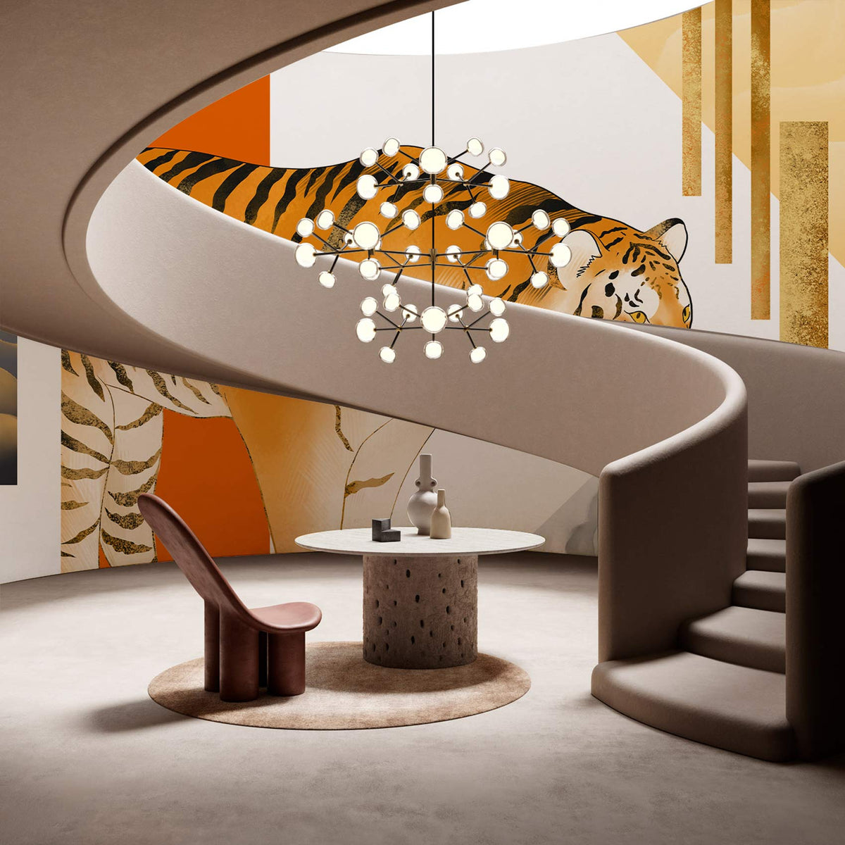 Contemporary tiger mural wallpaper in orange and gold hues, spiral staircase, modern round table, elegant decor.
