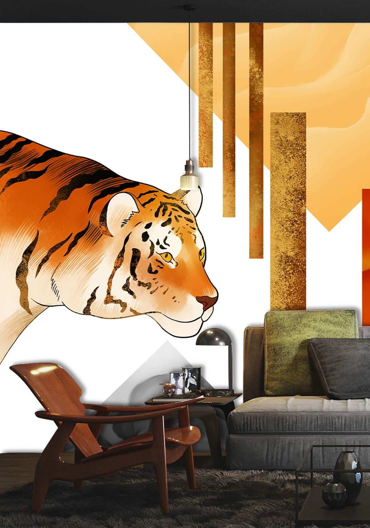 Contemporary tiger mural wallpaper in bold tones, grey sofa, wooden chair, modern living room ambiance.