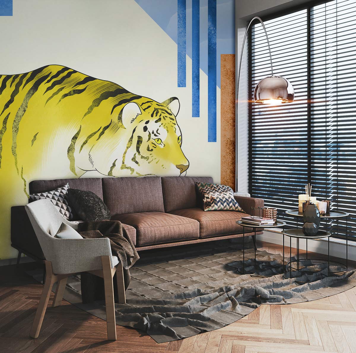 Golden Tiger geometric mural wallpaper, blue and yellow. Brown sofa, angular chair, living room style.