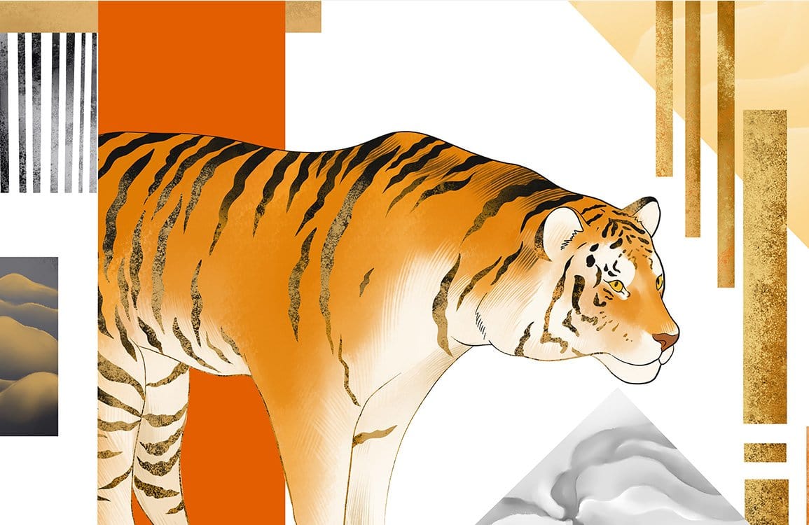 Contemporary Tiger Mural Wallpaper in Bold Orange and Gold Tones Decor