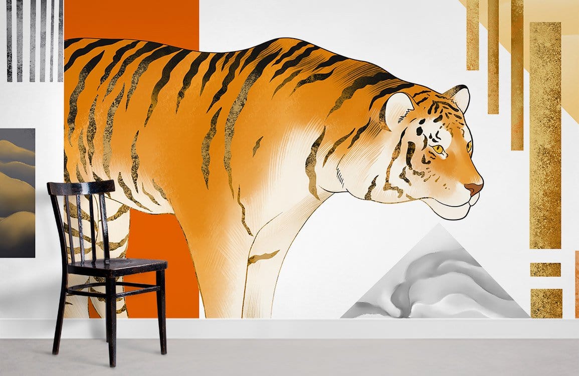 Contemporary tiger mural wallpaper in bold orange and gold tones with black chair on concrete floor.