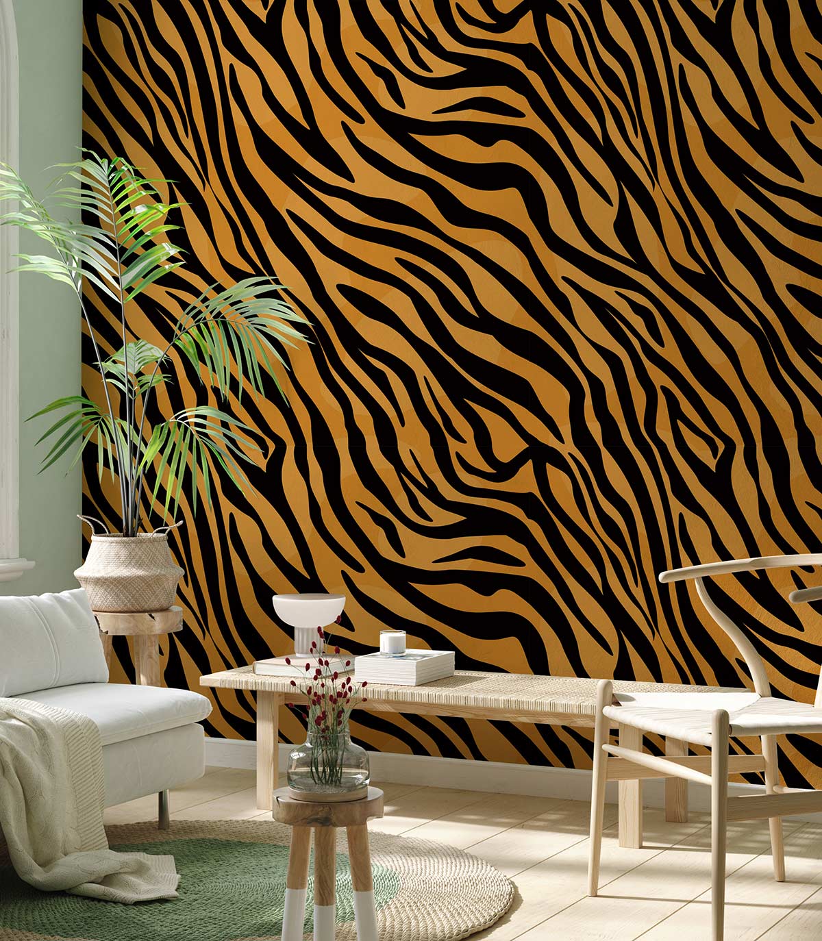 Bold Safari Tiger Stripe Wallpaper; orange-black design; white sofa; wooden table; stylish living room decor.