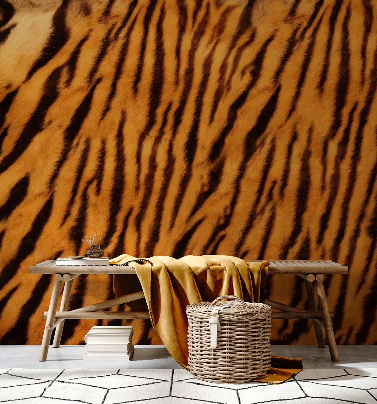 Luxury Tiger Stripe Wallpaper, orange-black design; wooden bench, woven basket, geometric patterned floor.