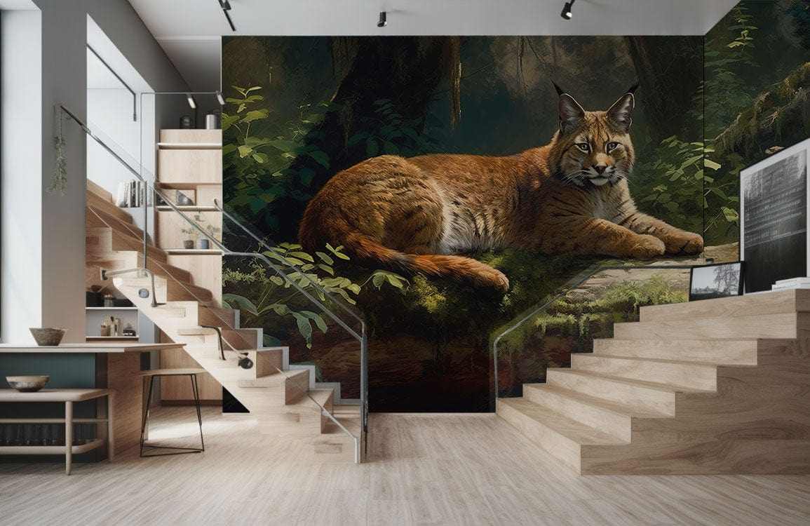 Majestic lynx mural wallpaper on stairway wall in earthy tones; wooden staircase and light flooring.