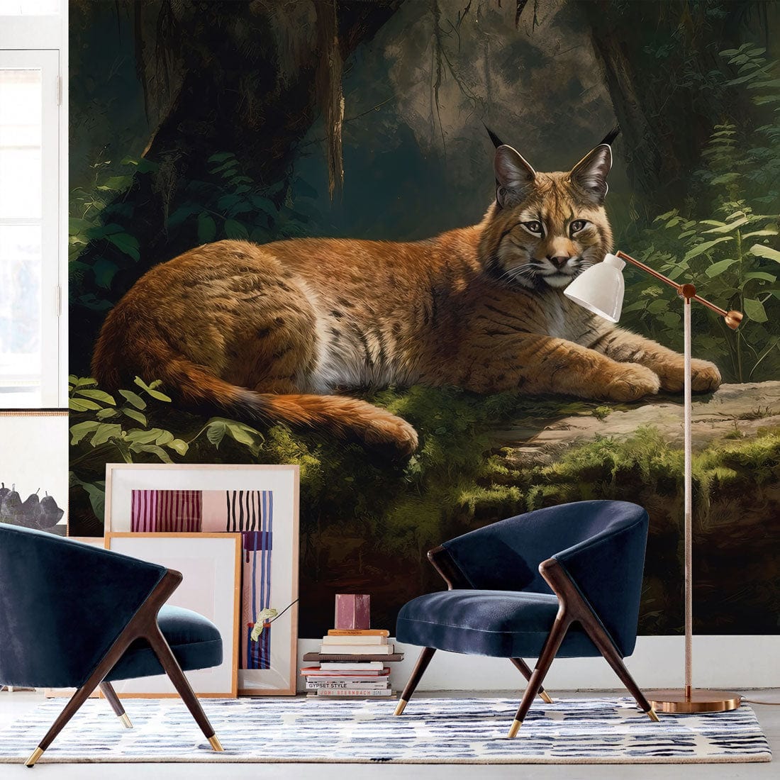 Majestic Lynx mural wallpaper, earthy tones, modern lounge chairs, blue velvet, light wood flooring.