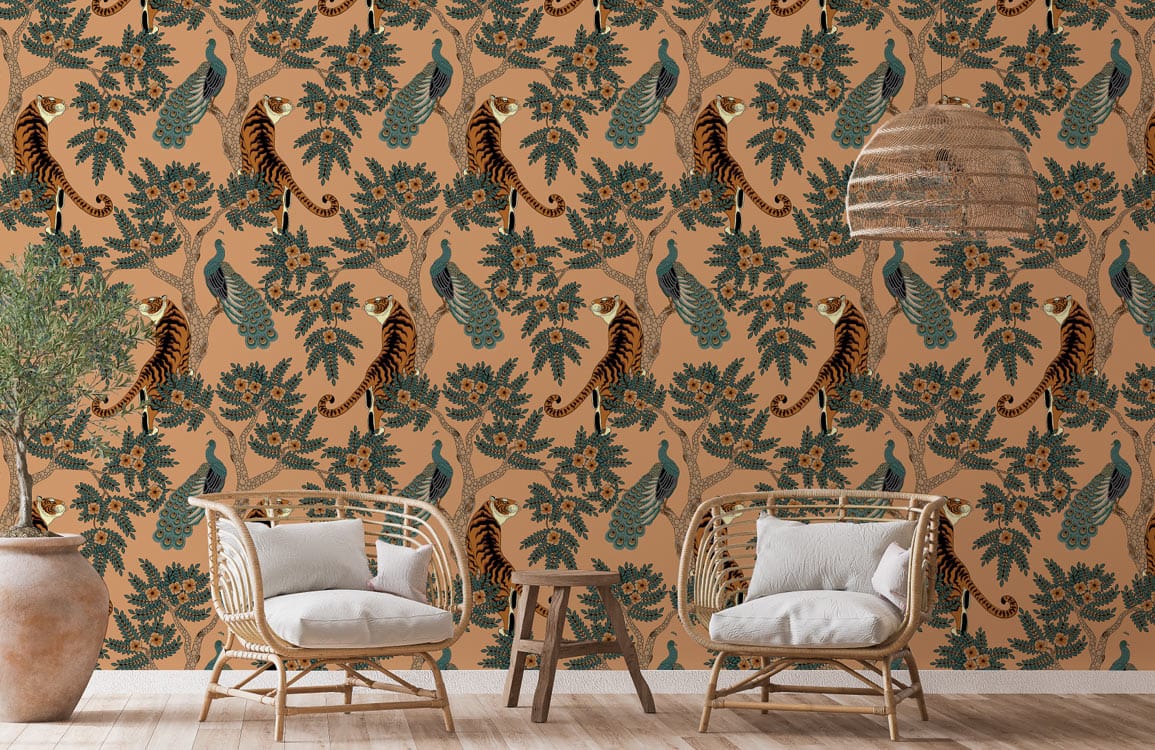 Vintage botanical fauna patterned wallpaper, earthy tones, wicker chairs, wooden flooring, rustic decor.