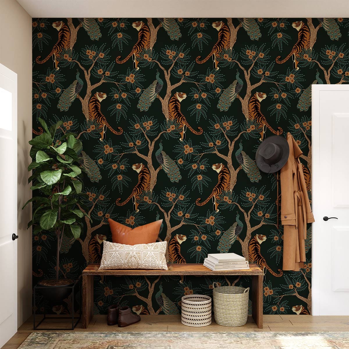 Elegant dark green wallpaper with wildlife pattern, wooden flooring, wall plant, stylish hallway decor.