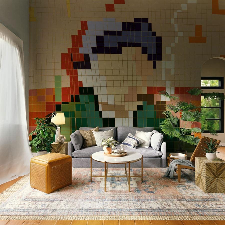Vibrant Pixel Art Mosaic Wallpaper in living room with grey sofa, wooden flooring, and abstract decor.