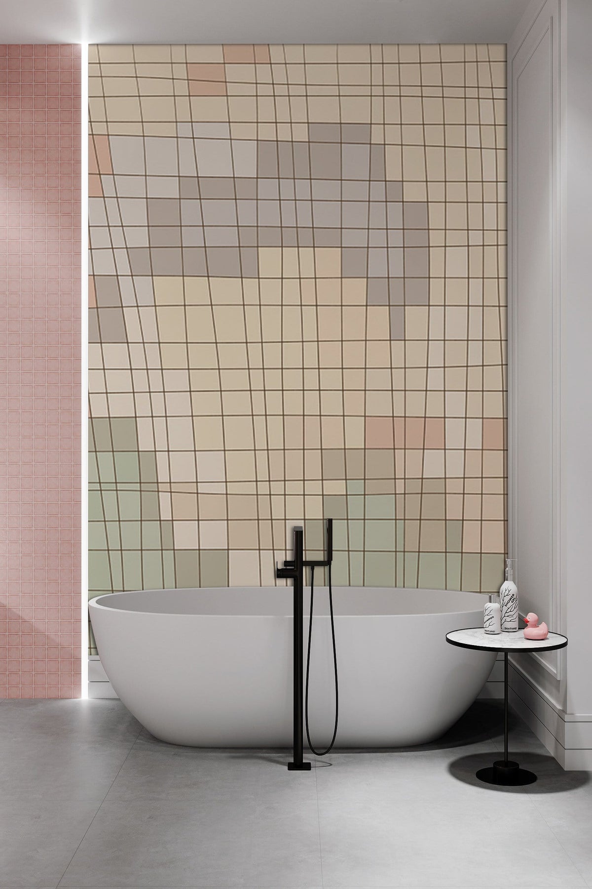 Abstract geometric grid wallpaper, bathtub, minimalist table, modern bathroom design, soft neutral tones.