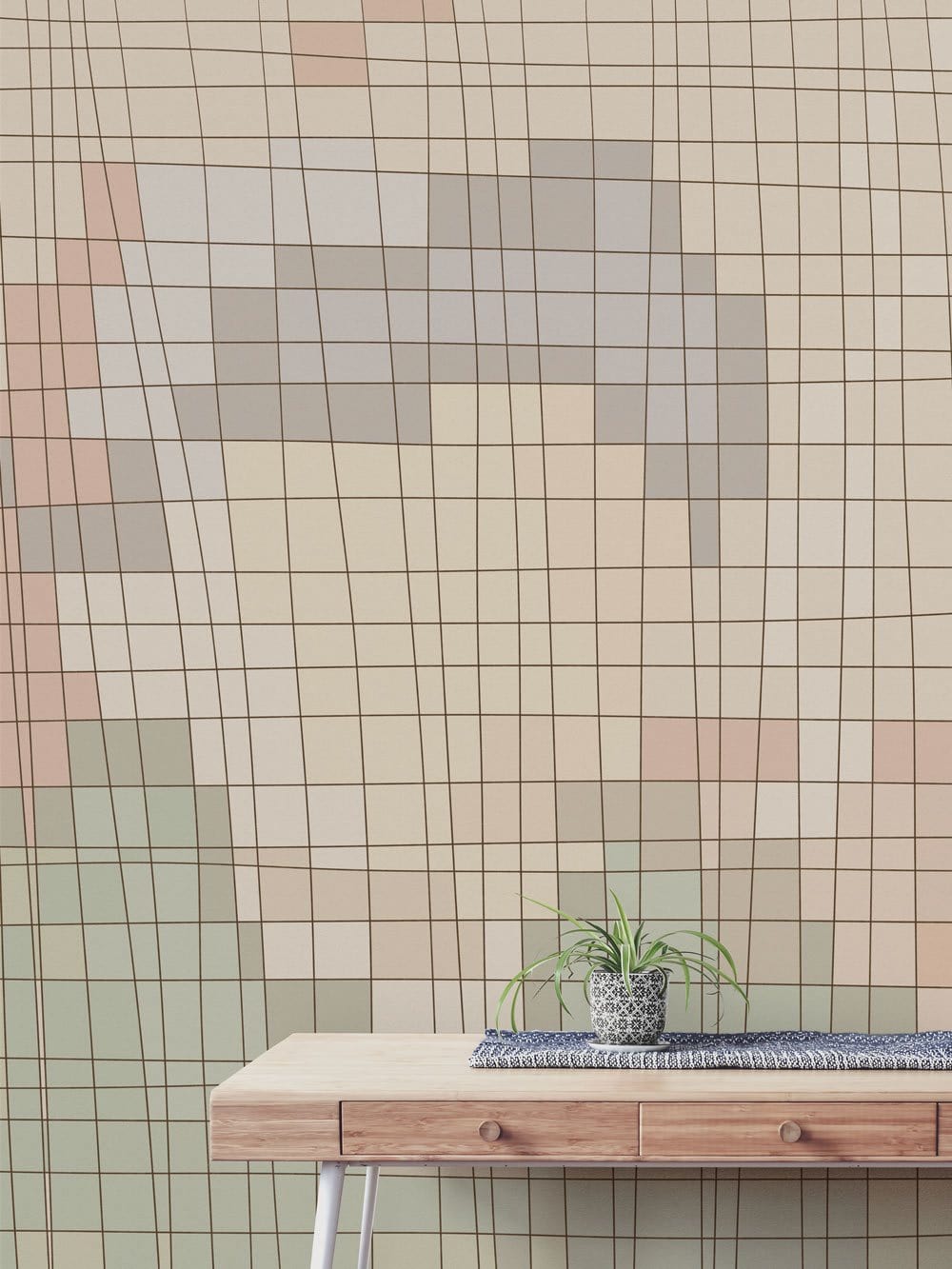 Abstract Geometric Grid Pattern Wallpaper in soft neutrals with wooden console table, contemporary design.
