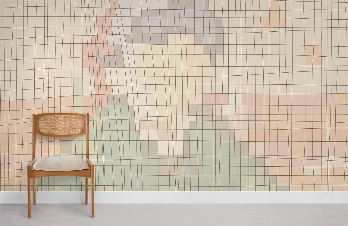 Abstract Geometric Grid Pattern Wallpaper in Soft Neutral Tones, wooden chair, minimalist interior design style.