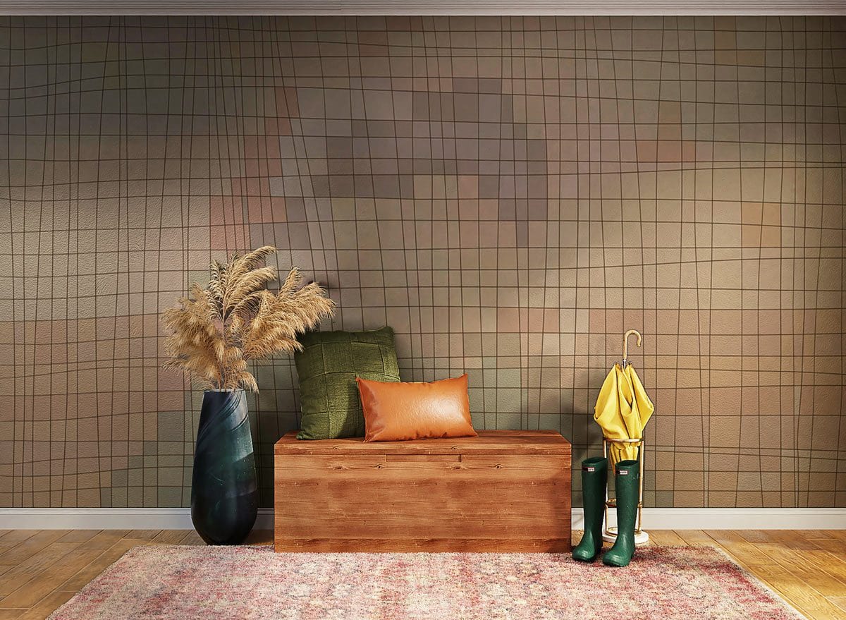 Abstract Geometric Grid Pattern Wallpaper in Soft Neutral Tones, wooden bench, floor rug, hallway setting.