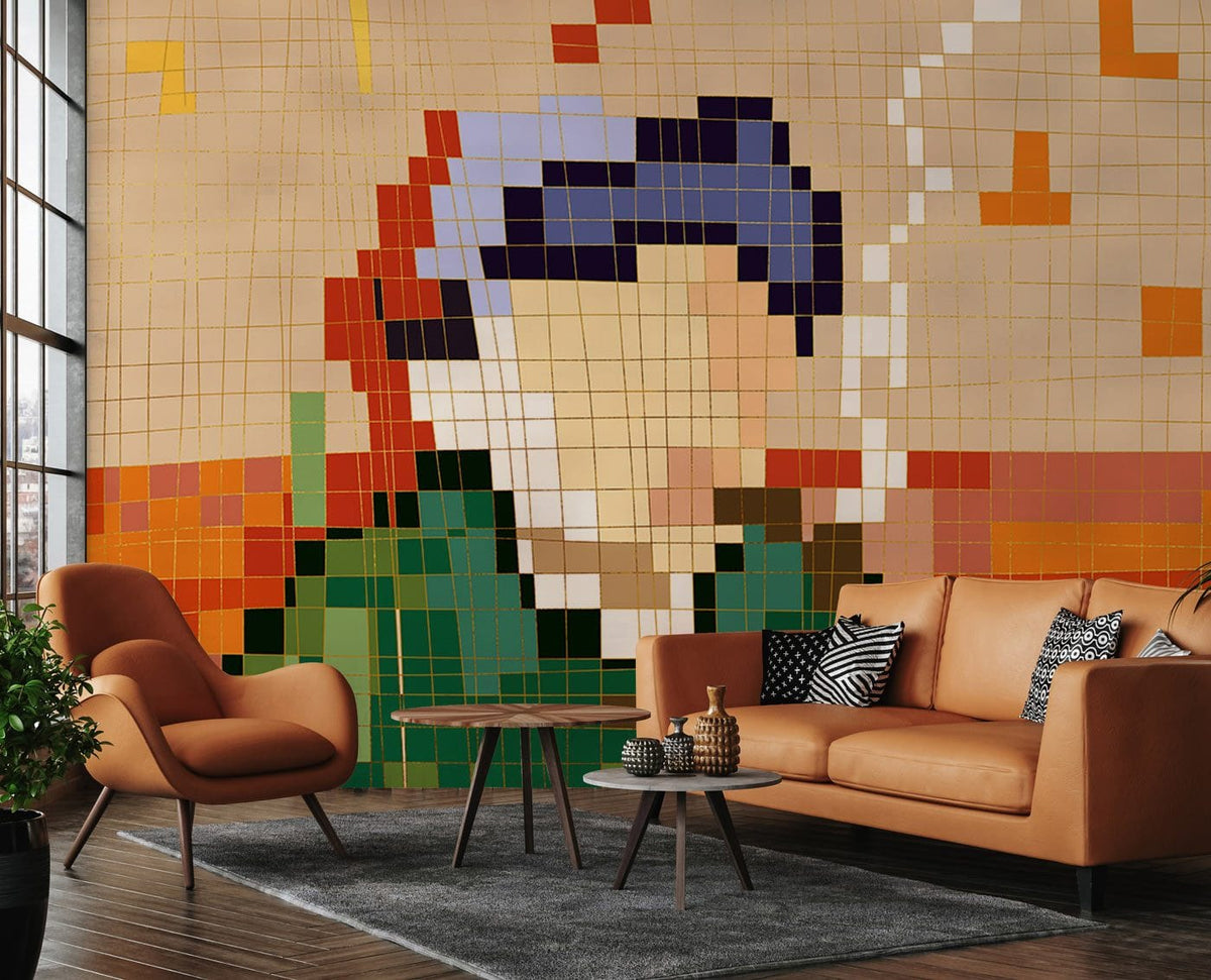 Pixel art mosaic wallpaper in a vibrant lounge with tan leather sofa, modern rug, wooden flooring.