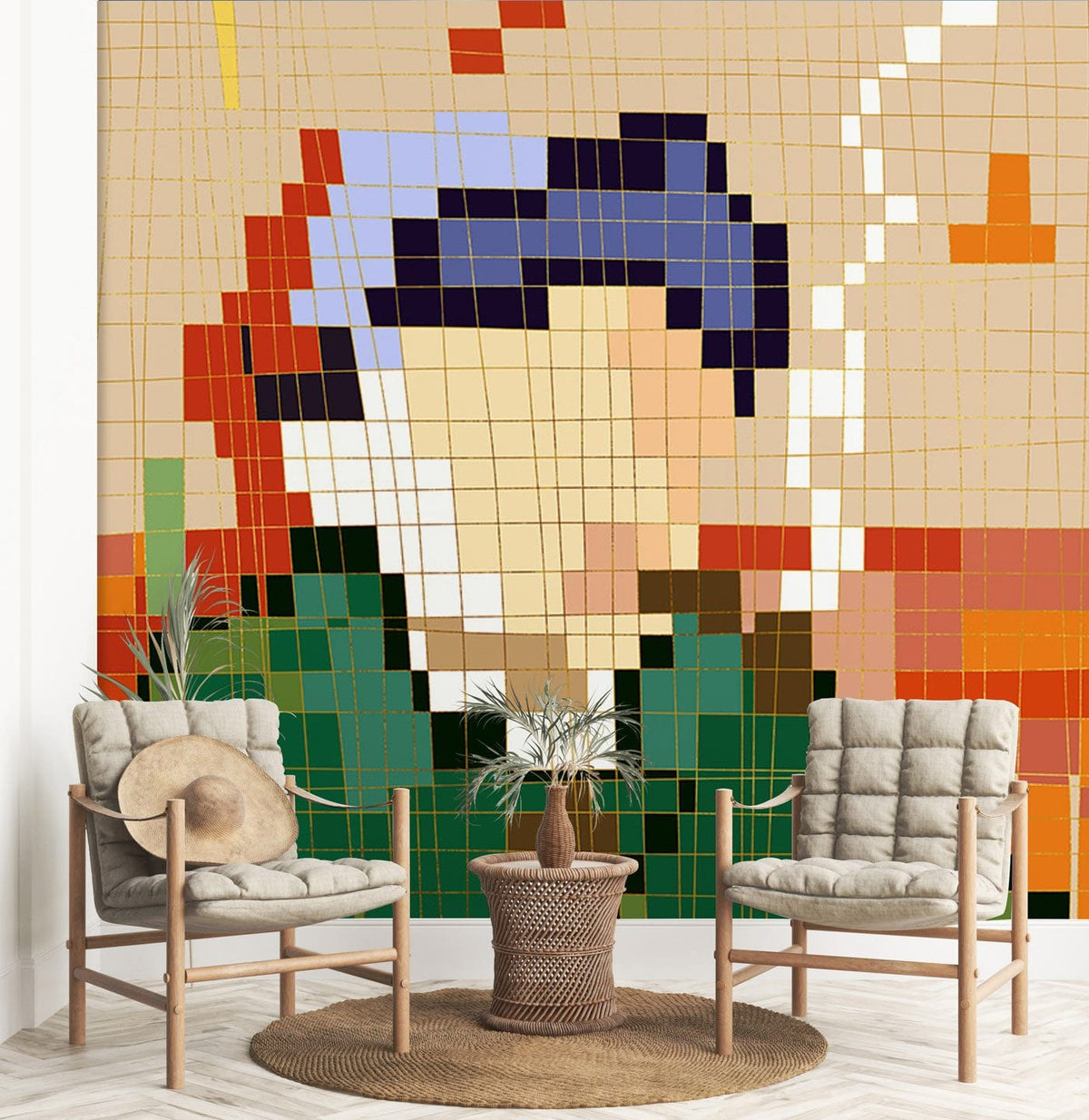 Pixel Art Abstract Mosaic Wallpaper, vibrant multicolour wall Décor, beige walls, two wooden chairs.