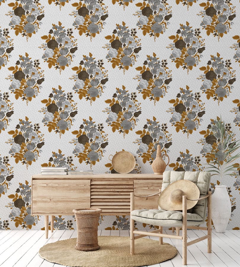 Vintage floral wallpaper, grey and mustard, elegant design, wooden sideboard, rattan chair, Scandinavian style.