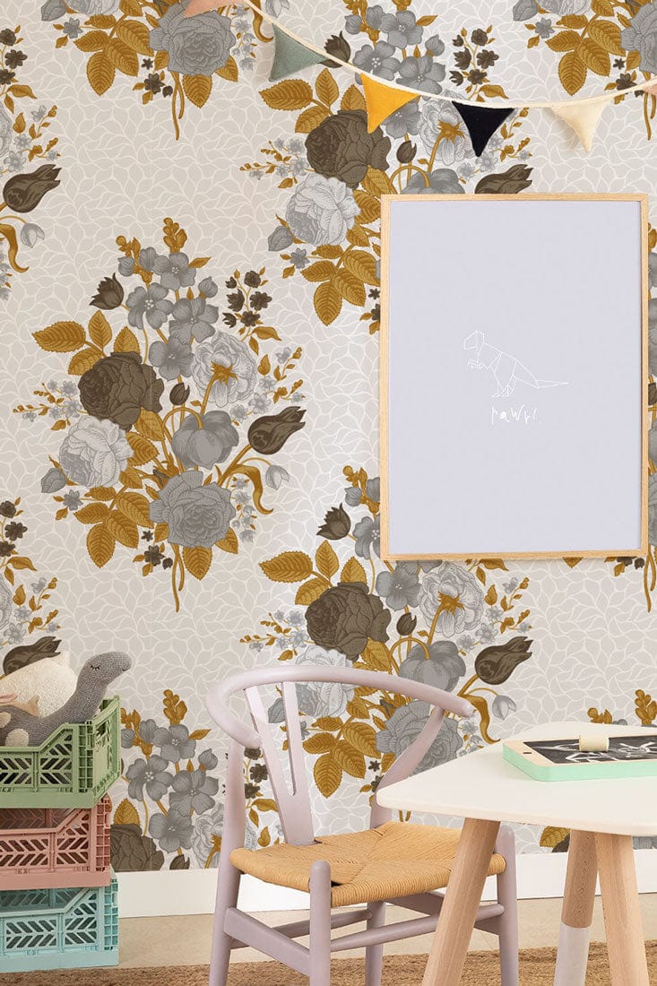 Vintage floral wallpaper in grey and mustard tones, nursery setting, pastel furniture. Elegant design.