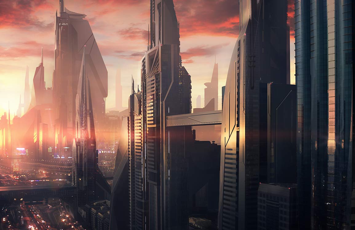 Futuristic Urban Landscape Mural Wallpaper in Warm Sunset Tones