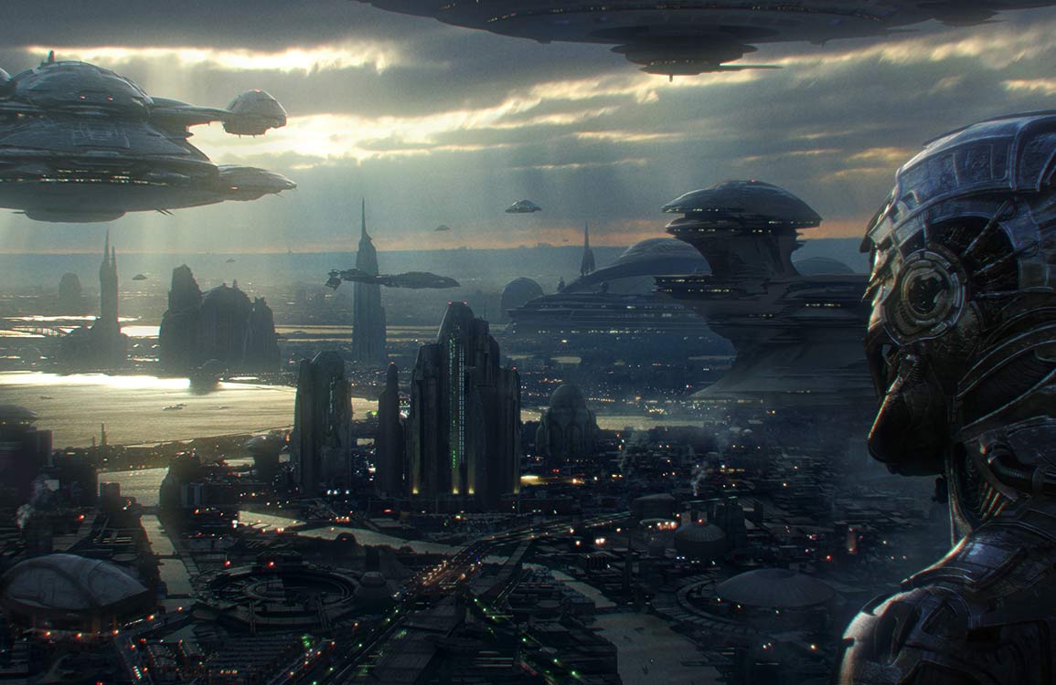 Futuristic Metallic Cityscape Mural Wallpaper: Sci-Fi Skyline in Moody Hues