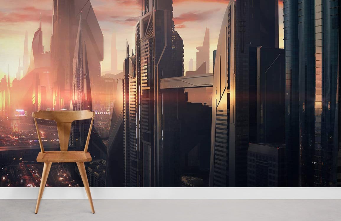 Futuristic urban mural wallpaper, warm sunset tones; wooden chair; white skirting board; grey flooring.